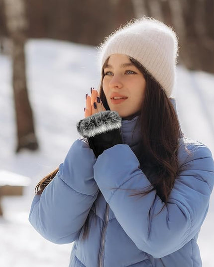 SATINIOR Women Fur Fingerless Gloves Winter Rabbit Fur Lined Half Finger Mittens for Women Girls Teen Working Writing