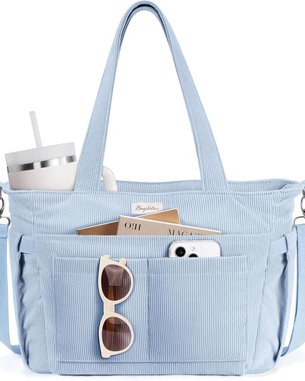 Corduroy Tote Bag for Women, 17 Pockets Laptop Work Tote Bag Lightweight Teacher Nurse Bible Bag for School Travel | with 40oz Cup Holder, Multi Compartment, Zipper Crossbody Bag, College Shoulder Bag, Daily Purse w/ Strap, Ideal Gift for Women