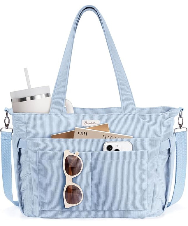 Corduroy Tote Bag for Women, 17 Pockets Laptop Work Tote Bag Lightweight Teacher Nurse Bible Bag for School Travel | with 40oz Cup Holder, Multi Compartment, Zipper Crossbody Bag, College Shoulder Bag, Daily Purse w/ Strap, Ideal Gift for Women