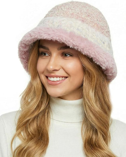 YI HENG MEI Women Knit Bucket Hat, Fluffy Winter Fisherman Hat Fuzzy Soft Warm Beanie Caps Women Cloche Caps Warm Bowler Hats