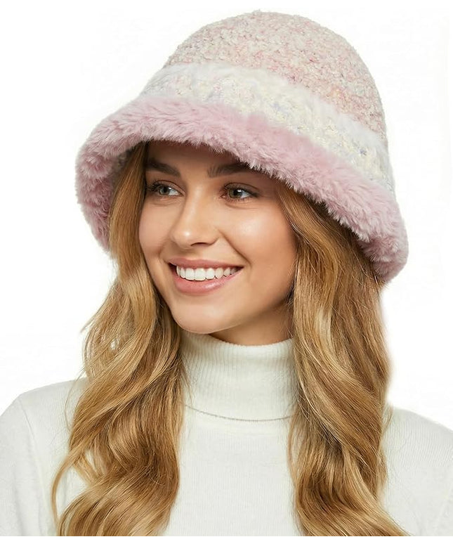YI HENG MEI Women Knit Bucket Hat, Fluffy Winter Fisherman Hat Fuzzy Soft Warm Beanie Caps Women Cloche Caps Warm Bowler Hats