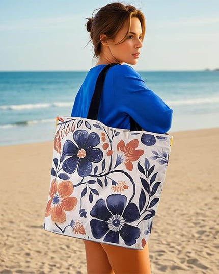 Large Tote Bag for Women, Floral Grocery Tote with Snap Thick Canvas Both Side Pattern, Gift Daily Use Shopping Travel Picnic