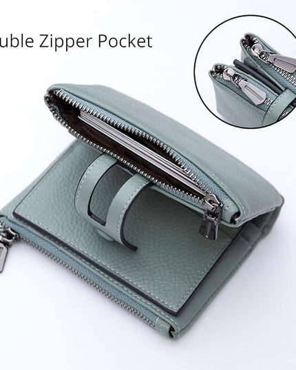 Bveyzi Small Soft Leather Wallet for Women RFID Blocking Ladies Card Holder with Double Zipper Pocket