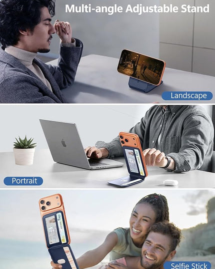 TopMade for Magsafe Wallet, Magnetic Card Holder for iPhone 17/16/15/14/13/12 Series, Leather Strongest Magnetic Phone Wallet Stand Adjustable, 5 Cards Holder, RFID Blocking, ID Window, Navy Blue
