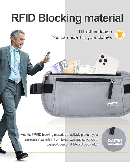 RFID Blocking Money Belt for Men Women, Slim Fanny Pack for Travel，Running,Conceal Waist Wallet for Passport Holder,Phone,Cash(Light Grey)