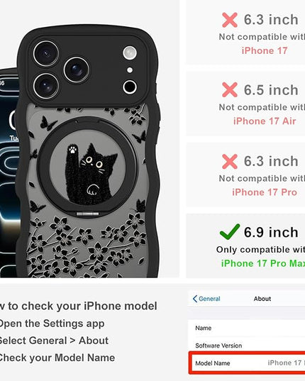 Wavy Case for iPhone 17 Pro Max Case with Stand [Compatible with MagSafe] Cute Black Cat & Floral & Butterflies Pattern Design, Kawaii 360 Magnetic Ring Kickstand Phone Cover for Women Girls