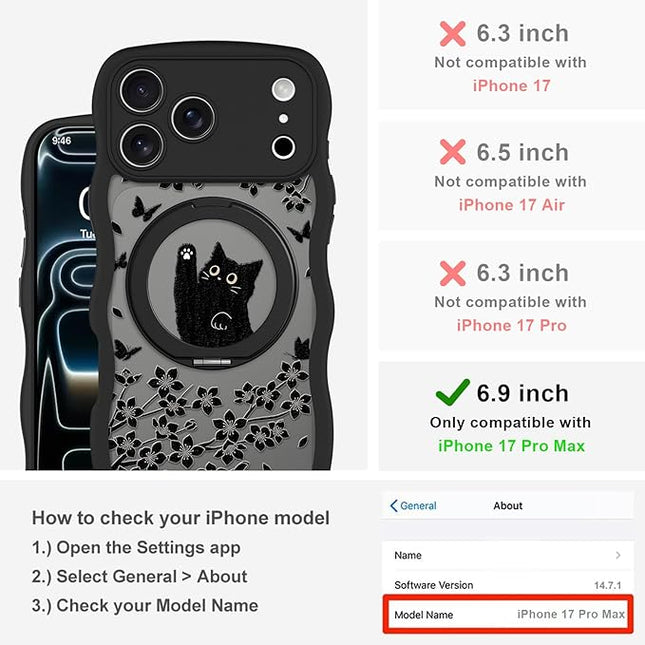 Wavy Case for iPhone 17 Pro Max Case with Stand [Compatible with MagSafe] Cute Black Cat & Floral & Butterflies Pattern Design, Kawaii 360 Magnetic Ring Kickstand Phone Cover for Women Girls