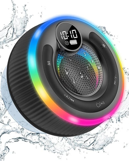 Bluetooth Speaker, Shower Speaker Stereo Sound, IPX7 Waterproof Speakers, Digital Display Portable Speaker with Suction Cup, LED Light, Small Wireless Speakers for Outdoor Party Beach Bathroom, Black