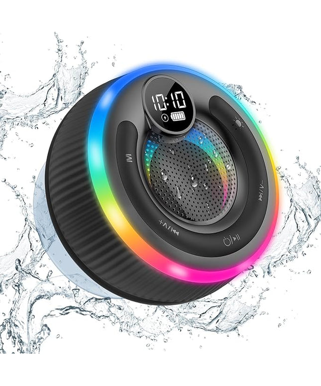 Bluetooth Speaker, Shower Speaker Stereo Sound, IPX7 Waterproof Speakers, Digital Display Portable Speaker with Suction Cup, LED Light, Small Wireless Speakers for Outdoor Party Beach Bathroom, Black