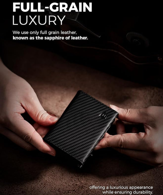 LORZOR Wallet for Men with Metal Card Holder, Pop Up Wallet, Finest Full Grain Leather Trifold Wallet, Smart, Minimalist, RFID Blocking, Front Pocket, ID Window
