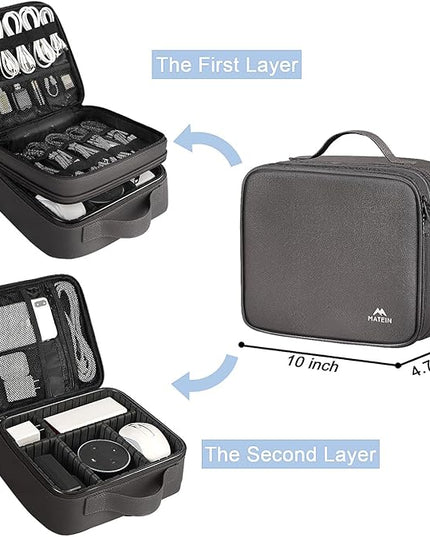MATEIN Cord Organizer Case with Adjustable Divider, DJ Cable File Bag for Electronic Storage, USB Cable, Charger, Tech Accessories, Shockproof Portable Double Layer Cord Bags, Grey