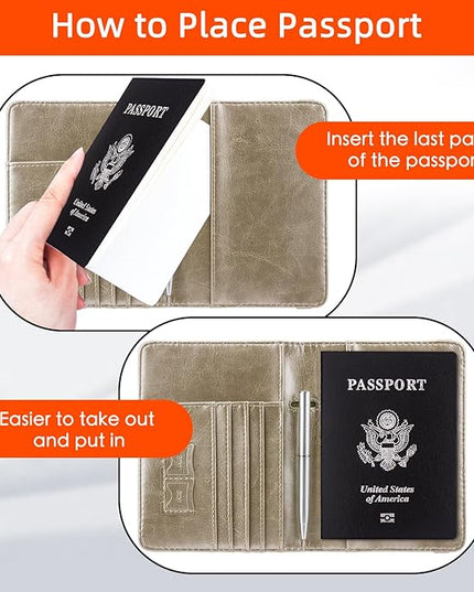 WALNEW Passport Holder for Travel, RFID Passport Cover Wallet for Women Men, PU Leather Passport Book Card Holder Case with Pen, Travelling Essentials for Flying