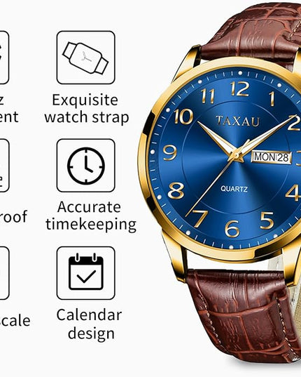 Mens Leather Watch Large Face Classic Quartz Mens Analog Watches Luxury Dress Watches for Men Waterproof Men's Wrist Watch Easy Read with Date Number Dial Relojes para Hombre