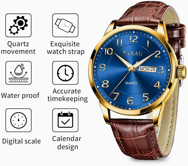 Mens Leather Watch Large Face Classic Quartz Mens Analog Watches Luxury Dress Watches for Men Waterproof Men's Wrist Watch Easy Read with Date Number Dial Relojes para Hombre