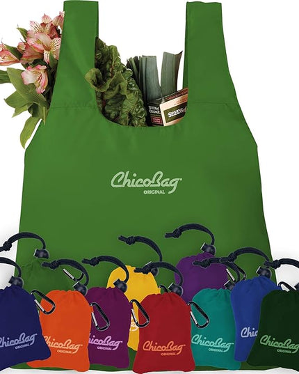 ChicoBag Original Compact Reusable Grocery Bag w/Attached Pouch and Carabiner Clip | Perfect for Shopping, Travel, Organization | Eco-Conscious Packable Tote | Pale Green (Pack of 4)