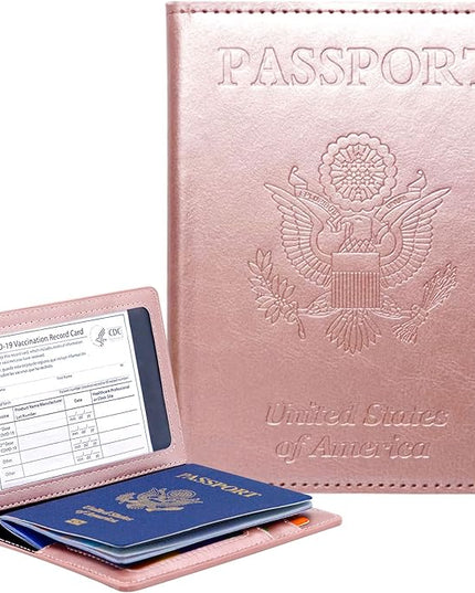 Passport Holder Cover Wallet Case RFID Blocking Leather Card Slot Travel Accessories Documents Organizer Protector for Women Men, Rose Gold