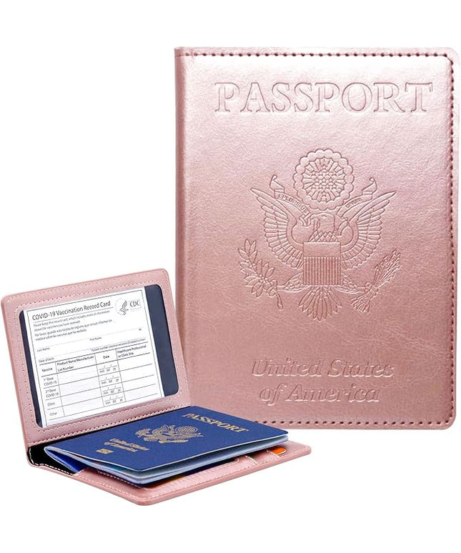 Passport Holder Cover Wallet Case RFID Blocking Leather Card Slot Travel Accessories Documents Organizer Protector for Women Men, Rose Gold