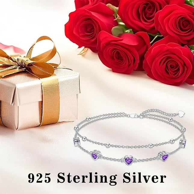 Dorunmo 925 Sterling Silver Heart Birthstone Anklet Bracelets for Women Best Mother's Day Birthday Jewelry for Wife Girlfriend Mom Daughter Her