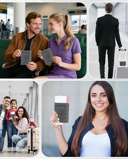 Passport Holder for Travel, RFID Blocking Passport Cover with Pen Holder Leather Passport Wallet Case Travel Must Haves Accessories Passport Book Card Holder for Family Travel Essentials Gifts, Gray