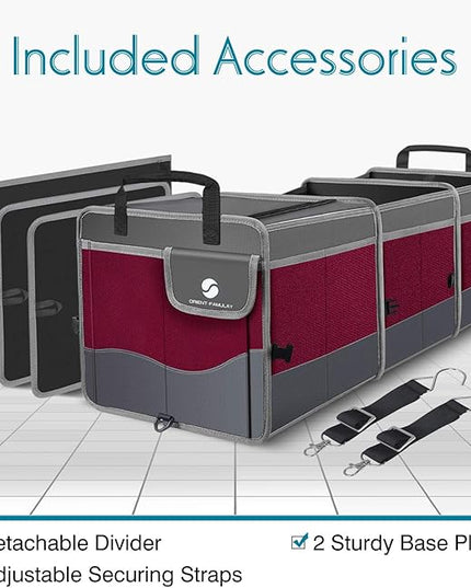 Trunk Organizer with Cooler, Collapsible Trunk Storage Container with Non Slip Bottom Strips, Large Multi-Compartment Waterproof Car Trunk Organizer Groceries for Vehicle Sedan, SUV, Van(Wine Red)