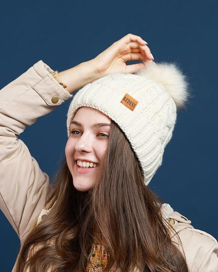 REDESS Women Winter Pompom Beanie Hat with Warm Fleece Lined, Thick Slouchy Snow Knit Skull Ski Cap