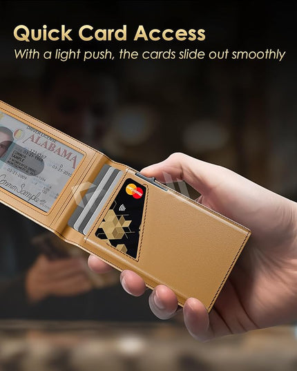 QLD Wallet for Men - RFID Blocking [Functional & Practical] Bifold Slim Minimalist Credit Card Holder Pop Up Metal Case with Cash Slot Front Pocket with ID Window, Gift Boxed (Brown)