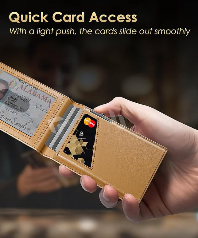 QLD Wallet for Men - RFID Blocking [Functional & Practical] Bifold Slim Minimalist Credit Card Holder Pop Up Metal Case with Cash Slot Front Pocket with ID Window, Gift Boxed (Brown)