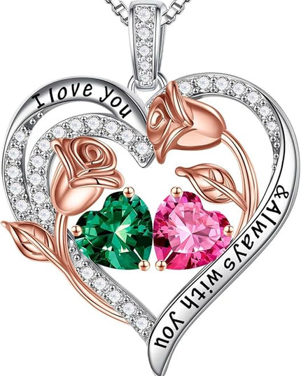Iefil Christmas Gifts for Women Wife - 925 Sterling Silver Rose Heart Birthstone Necklace Birthday Anniversary Jewelry Gifts for Her Wife Mom Daughter