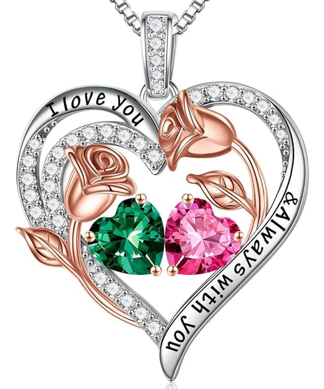 Iefil Christmas Gifts for Women Wife - 925 Sterling Silver Rose Heart Birthstone Necklace Birthday Anniversary Jewelry Gifts for Her Wife Mom Daughter