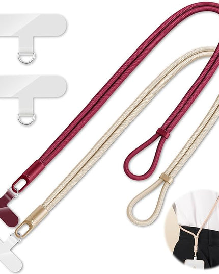 2 Pack Phone Lanyard,2×Phone crossbody strap,4×Tether Tabs,Universal Cell Phone Multifuctional Patch Polyester Lanyards,Cell Phone Lanyards for Women and Men(wine+light camel)
