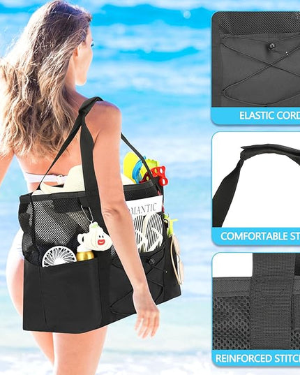 Mesh Beach Bag, Large Beach Tote with Zipper Pocket, Toys Pool Bag for Family Travel Vacation Cruise Essentials