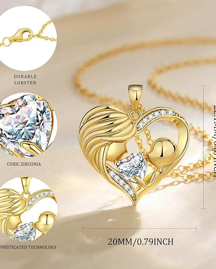 FANCIME Mom Birthstone Necklace Mother and Child Love Heart Necklace I Love You Mom Gifts Mothers Day Birthstone Jewelry Gifts for Grandmother Women Wife, 16"+2" Inches