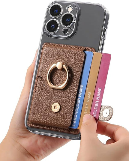 Wallet Stick on Phone Case, Credit Card Holder with Ring for Back of Phone Cases Flip Leather Wallet Sleeve Pouch Compatible with iPhone, Samsung Galaxy Android Most Smartphones Brown