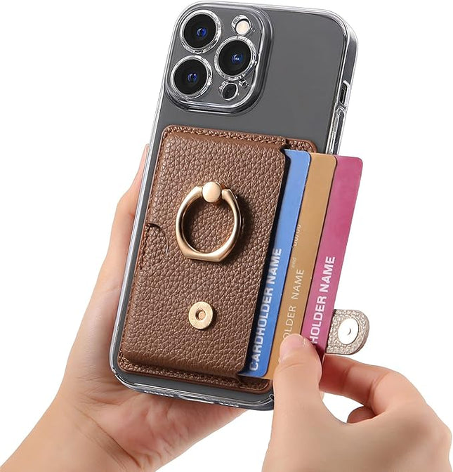Wallet Stick on Phone Case, Credit Card Holder with Ring for Back of Phone Cases Flip Leather Wallet Sleeve Pouch Compatible with iPhone, Samsung Galaxy Android Most Smartphones Brown