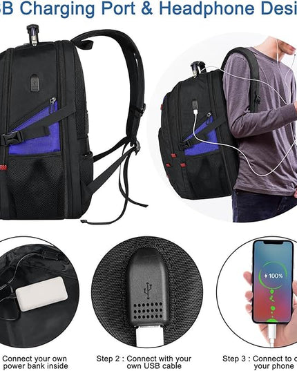 Z-MGKISS Extra Large Backpack, Travel Laptop Bag for Men, Anti-Theft College Backpack with USB Port, TSA-Approved 17.3 Inch, Heavy Duty Business Weekender Bag, Blue