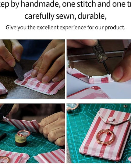 RFID Ring Stand Stick on Wallet Card Holder for Back of Phone for iPhone Android and All Smartphones Adhesive Credit Card Holder for Cell Phone-Pink Striped