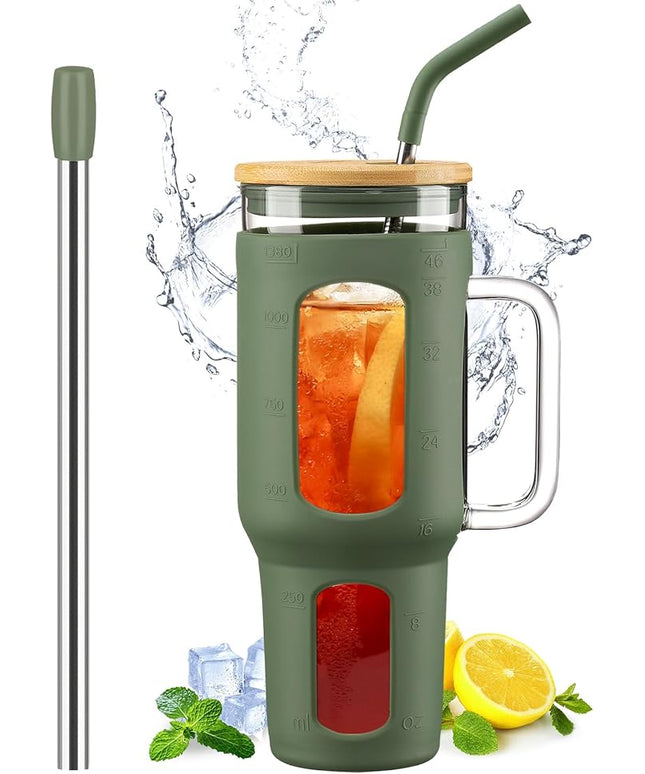Glass Tumbler with Lid and Straw, 46 oz Iced Coffee Cup with Handle, Large Water Bottles with Silicone Sleeve, Glass Cup with Straws - Pearl Straw & Drinking Straw BPA Free-Olive