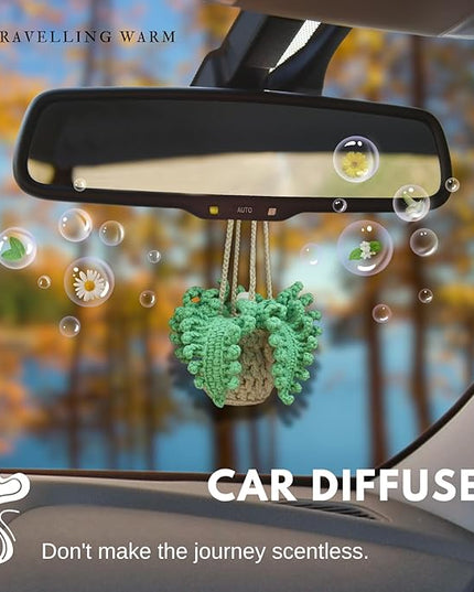 Handmade Crochet Hanging Car Air Freshener - Botanical Fern Leaf Design with 12ml Refillable Glass Essential Oil Bottle, Long-Lasting Car Diffuser & Nature-Inspired Decor