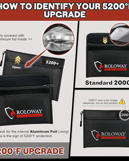 ROLOWAY Fireproof Bag (9.6 x 6.6 inches) 5200℉ Heat Insulated, Fireproof Money Bag with Zipper for Cash (2-Pack Black)