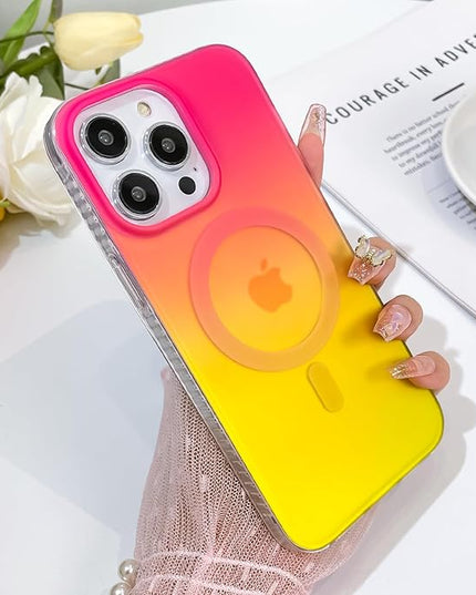 Aesthetic Case for iPhone 14 Pro Max Case for Women Girls, Compatible with Magsafe, Cute Girly Trendy Glitter Sparkly Rainbow Magnetic Protective Phone Cover, Matte Iridescent Red & Yellow