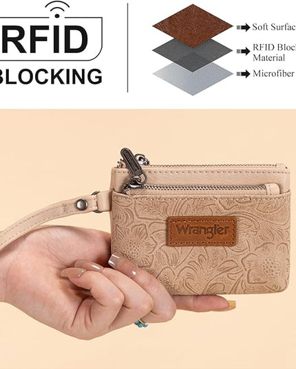 Montana West Wrangler Coin Purse for Women RFID-blocking Floral Embossed Change Pouch Wristlet Wallet Lightweight Portable Wallets Tan