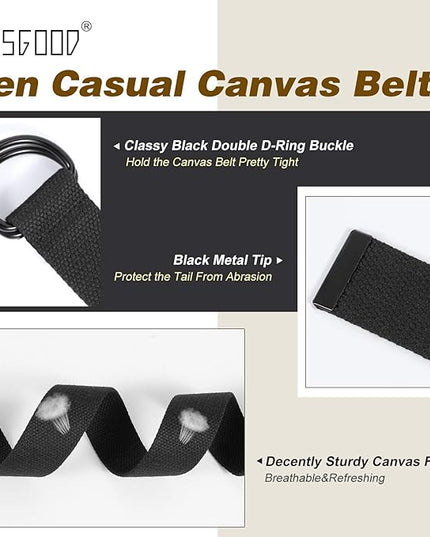 JASGOOD Men Canvas Belt Web Fabric Casual Belt with Black Double D-ring 1 1/2" Wide Set of 2