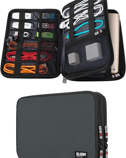 BUBM Double Layer Electronic Accessories Organizer, Travel Gear Bag for Cables, USB Flash Drive, Plug and More, Perfect Size Fits for iPad mini (Medium, Gray)