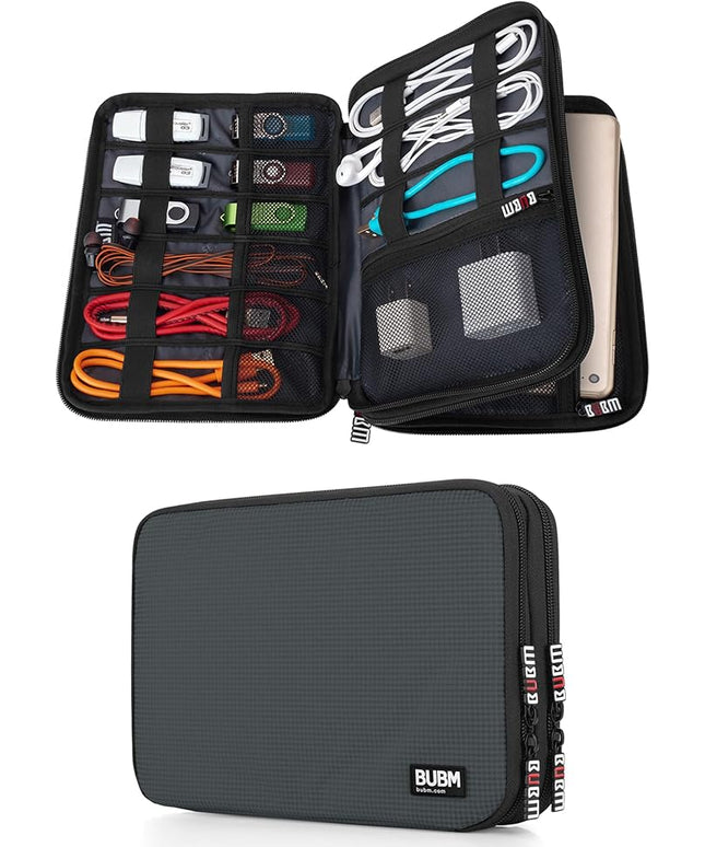BUBM Double Layer Electronic Accessories Organizer, Travel Gear Bag for Cables, USB Flash Drive, Plug and More, Perfect Size Fits for iPad mini (Medium, Gray)