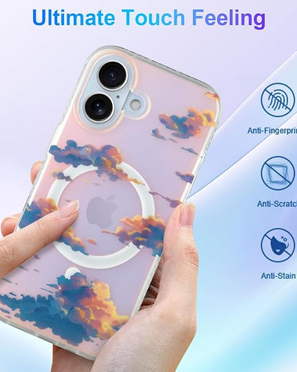 Cute Case for iPhone 17 Case for Women Girls [ Compatible with Magsafe ] Aesthetic Cloud Pattern Design, Girly Glitter Sparkly Bling Protective Phone Cover, Iridescent Sun Set Sky