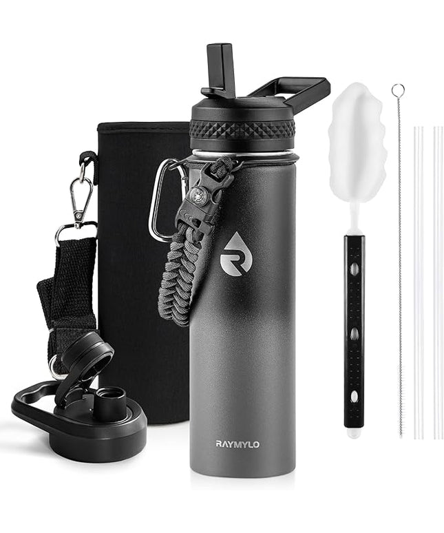 Insulated Water Bottle 20 oz, Triple Wall Vacuum Stainless Steel (Cold for 48 Hrs), Leak Proof & Non-BPA, Kids Water Bottle Jug for School with Straw Spout Lids, Dark Gray