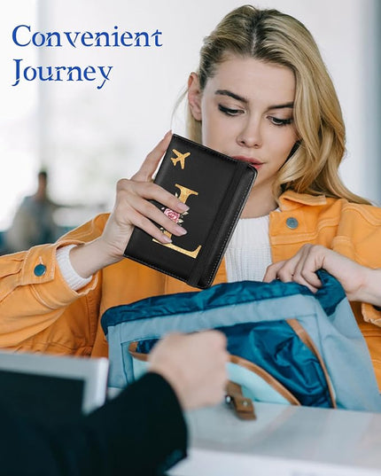 Slohif Initial Passport Holder Cover Wallet Case for Travel Women - Leather Letter Passport Book Family Multiple Personalized Organizer Card Slots Protector Sleeve Essentials Slim Carrier Black L