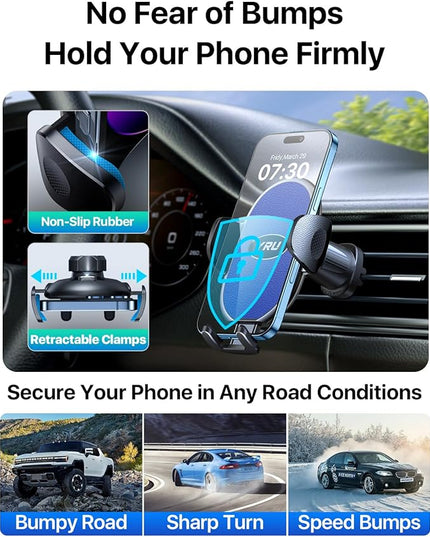 YRU Phone Holders for Your Car [2026 Upgraded Military Metal Hook], Cellphone Holder Car[No Fear of Bumps] Vent Phone Mount Truck Compatible with iPhone17 16 15 14 13 12 Samsung Android, Sapphire