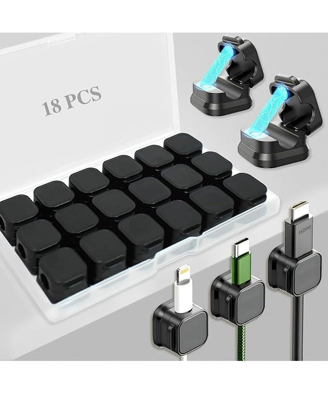 18 Pack Cord Organizer Holder,Magnetic Cable Clips Management, Easy Adhesive Phone USB Charger Cord Keeper, Hide Or Organize Desk Cable for Kitchen, Office, Car, Nightstand （Black）