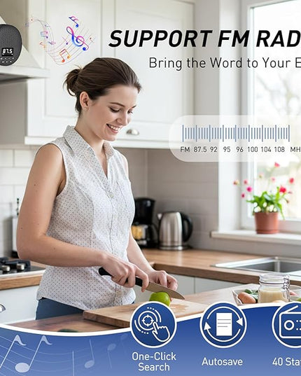 Shower Radio Speaker with Bluetooth 5.0, AGPTEK Waterproof Wireless Bathroom FM with Suction Cup 12H Long Playback Time, Lanyard, LCD Screen Display, Handsfree Calling, Storage Card Playback (Black)